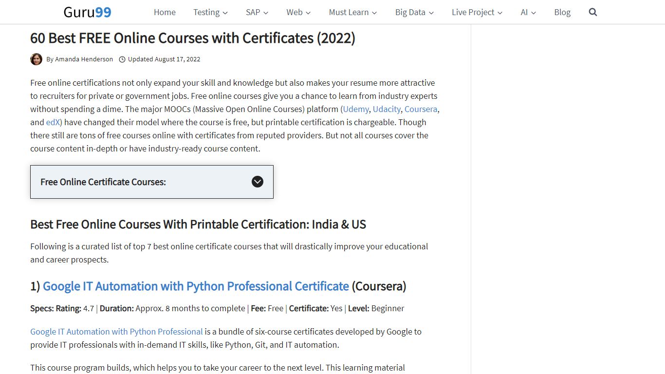 60 Best FREE Online Courses with Certificates in Aug 2022 - Guru99